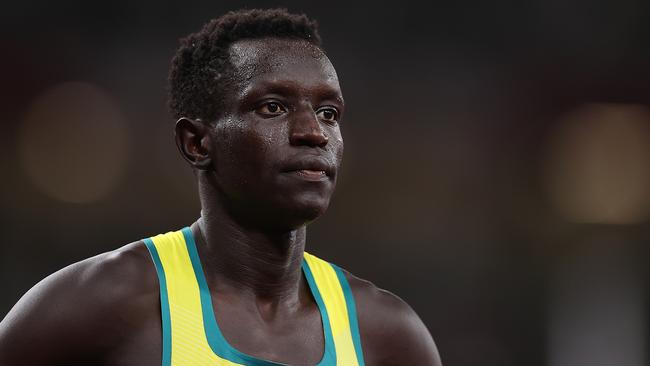TOKYO, JAPAN - AUGUST 04: Peter Bol of Team Australia reacts after the Men's 800m Final on day twelve of the Tokyo 2020 Olympic Games at Olympic Stadium on August 04, 2021 in Tokyo, Japan. (Photo by Cameron Spencer/Getty Images)