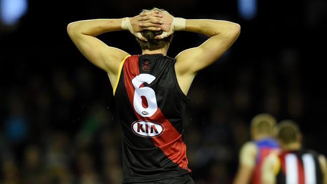 Joe Daniher rues a missed shot at goal. Picture: Tracey Nearmy