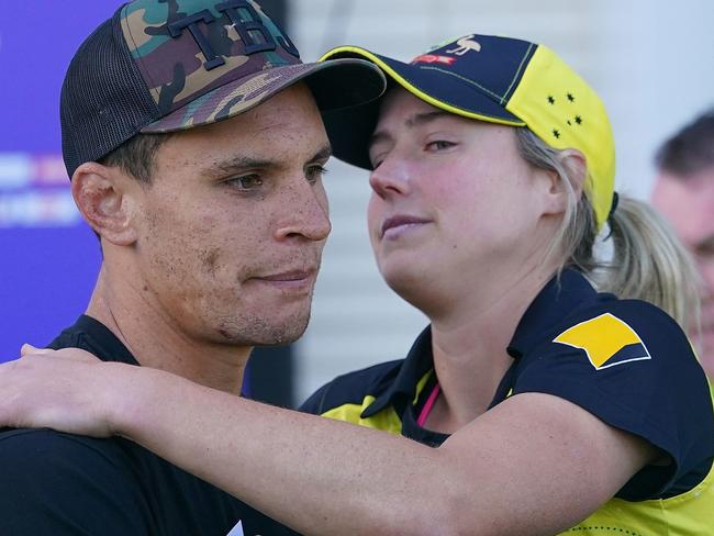 Ellyse Perry and Matt To’omua during the Women's T20 World Cup cricket match between Australia and New Zealand. Picture: AAP