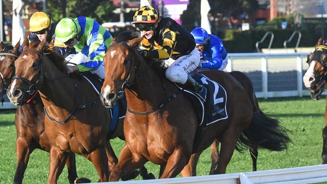 Brett Prebble rides Behemoth to back-to-back wins in the Memsie Stakes. Picture: Racing Photos via Getty Images