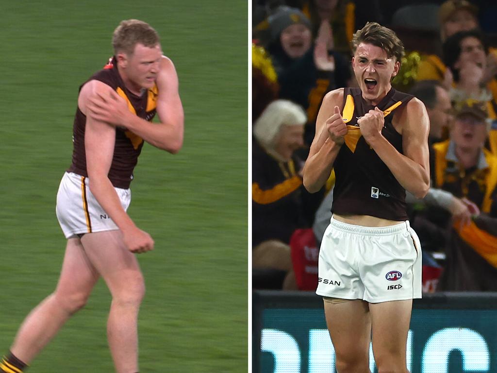 James Sicily comes from the field after injuring his shoulder / while Calsher Dear celebrates after kicking his first AFL goal.