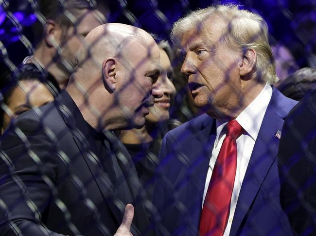 President-elect Donald Trump talks to CEO of UFC Dana White at the UFC 309 mixed martial arts event. Picture: Adam Hunger/AP