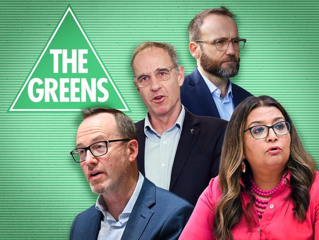 17 July 2024; Photo comp of David Shoebridge, Nick McKim, Mehreen Faruqi and Adam Bandt with The Greens logo behind them. Collage by Frank Ling. Ratio 4:3.