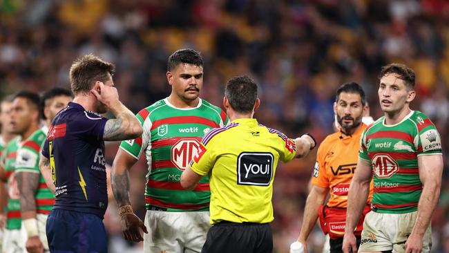 BRISBANE, AUSTRALIA - MAY 06: Referee Adam Gee talks to Latrell Mitchell of the Rabbitohs during the round 10 NRL match between Melbourne Storm and South Sydney Rabbitohs at Suncorp Stadium on May 06, 2023 in Brisbane, Australia. (Photo by Cameron Spencer/Getty Images)