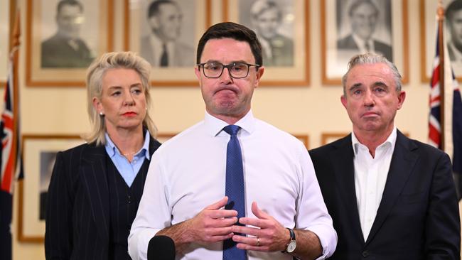 Nationals leader David Littleproud, deputy leader Kevin Hogan and Nationals Senate leader Bridget McKenzie in Canberra on Tuesday. Picture: AAP