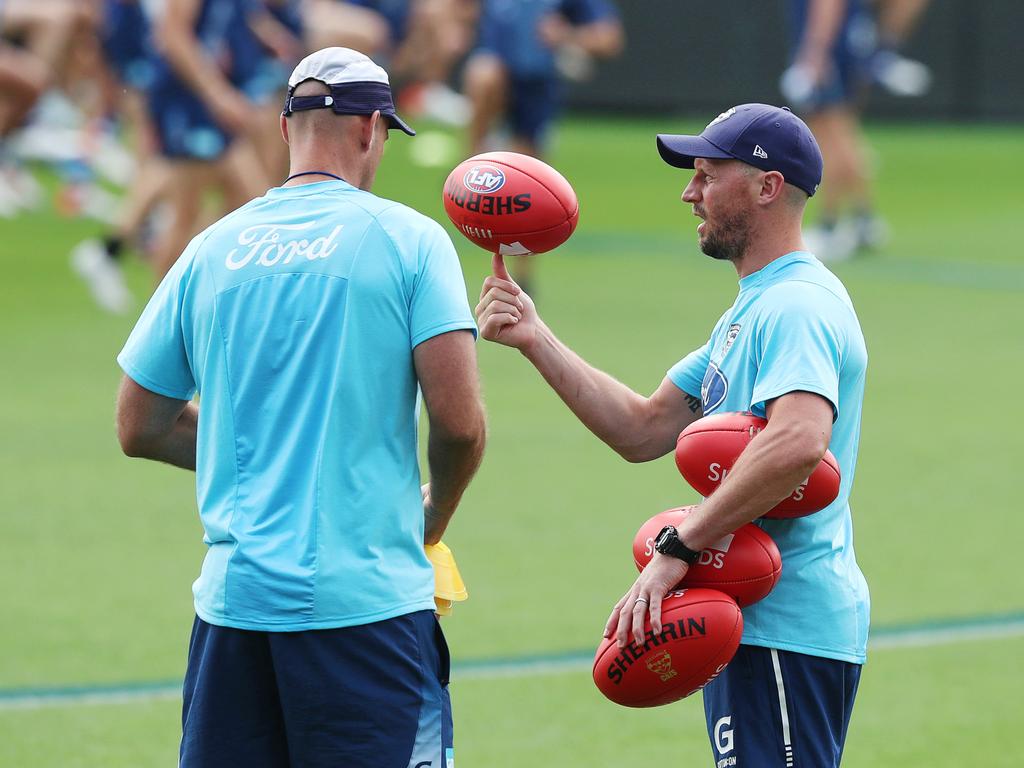 Cats coaches Matthew Egan and James Kelly. Cats pre-season training at GMHBA Stadium. Picture: Alan Barber