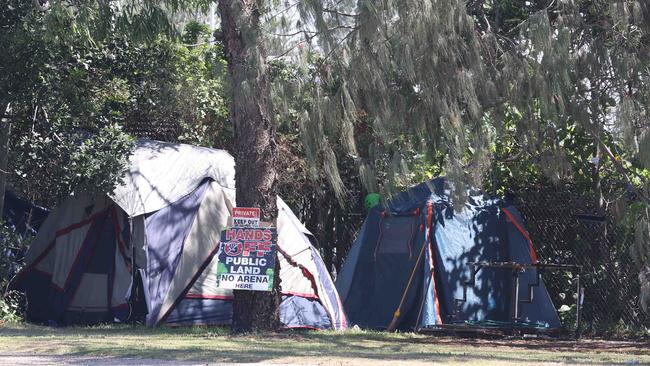 One of the campers at The Spit has ‘keep out’ signs. Picture: Glenn Hampson.