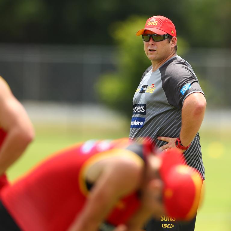 Coach Stuart Dew looks on during a Gold Coast Suns AFL media and training session at Metricon Stadium on November 04, 2019 in Gold Coast, Australia. (Photo by Chris Hyde/Getty Images)