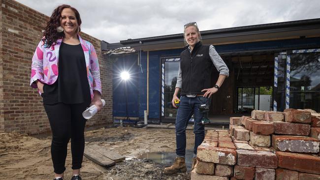 Sally Hollbrook (L) and Nadia Warren at a construction site in Pascoe Vale, Melbourne, Victoria. Picture: Daniel Pockett.