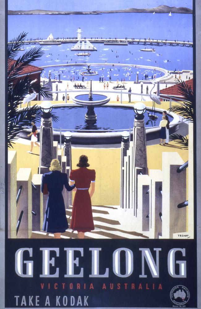 This stylised ad for Geelong showcases the Art Deco style of the time. Public Record Office Victoria image citation: VPRS 12903-p00001-BOX609-12