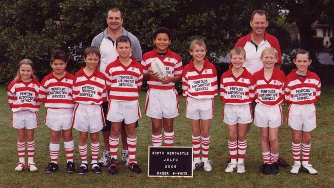 Ben Simmons (with ball) playing rugby league for South Newcastle under-9s in 2005