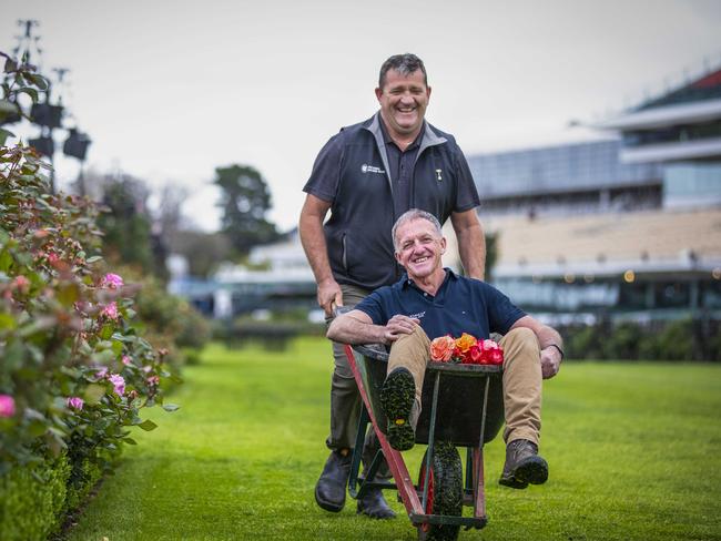 Flemington’s head gardener Terry Freeman (right) is handing over the rose-tending reins to long-time deputy Mick Ryan. Picture: Nicole Cleary