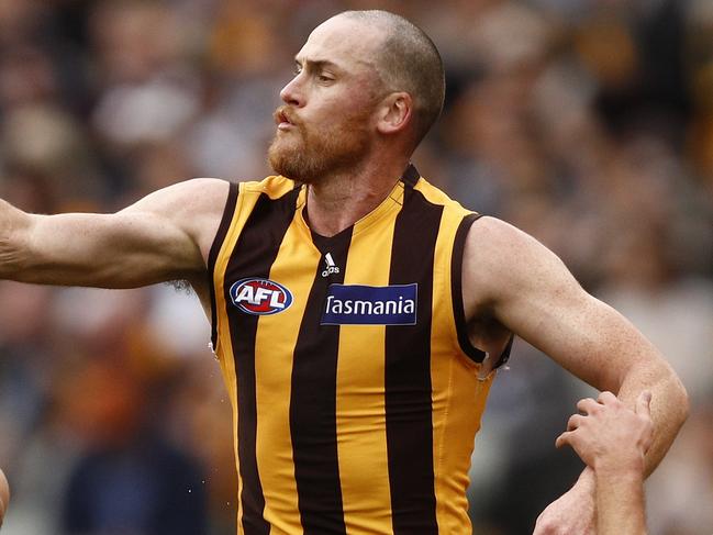 Jarryd Roughead of the Hawks (right) congratulates Mitchell Lewis of the Hawks after he combined in a goal during the Round 5 AFL match between the Hawthorn Hawks and the Geelong Cats at the MCG in Melbourne, Monday, April 22, 2019. (AAP Image/Daniel Pockett) NO ARCHIVING, EDITORIAL USE ONLY