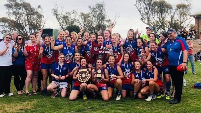 Cove women's football team celebrates after winning the 2019 SFLW grand final. Picture: Supplied