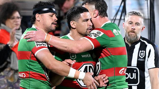 BRISBANE, AUSTRALIA - JULY 11: JacobÃÂ Gagai (L) of the Rabbitohs celebrates with team mates after scoring a try during the round 19 NRL match between Dolphins and South Sydney Rabbitohs at Kayo Stadium, on July 11, 2024, in Brisbane, Australia. (Photo by Bradley Kanaris/Getty Images)