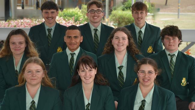 Gin Gin State High School 2025 School Captains (from back, left) Lawson, Tallis, Nickolas; (centre) Gabriela, David, Jayda, Riley, (front) Ivy, Jade and Ella. Image credit: Gin Gin State High School