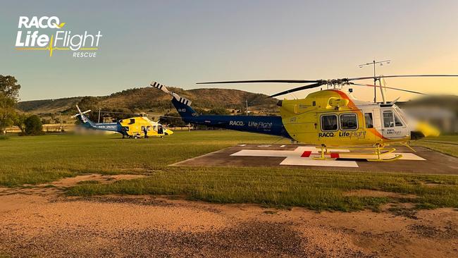 The Brisbane-based RACQ LifeFlight Rescue helicopter has airlifted a teenager, after he was seriously injured in a ute and truck crash, in the North Burnett region. Picture: RACQ LifeFlight