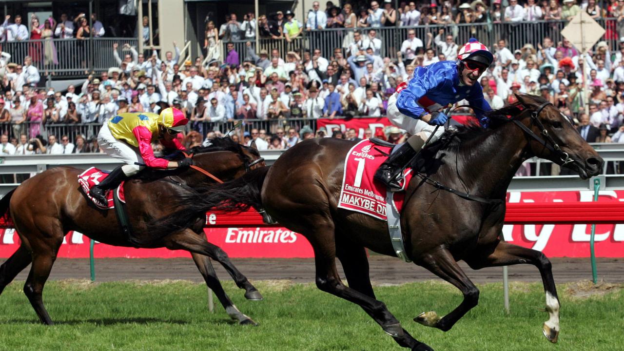 Racehorse Makybe Diva winning the 2005 Melbourne Cup at Flemington in Melbourne, jockey Glen Boss.