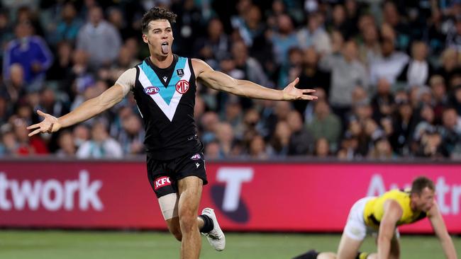 Connor Rozee celebrates a goal. Picture: James Elsby/AFL Photos/Getty Images