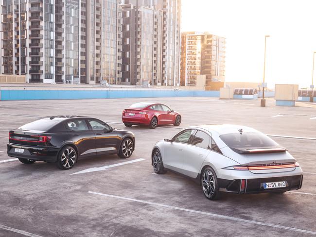 Photo of comparison test between Tesla Model 3 performance, Polestar dual-motor and Ioniq 6 dual motor. Picture: Thomas Wielecki