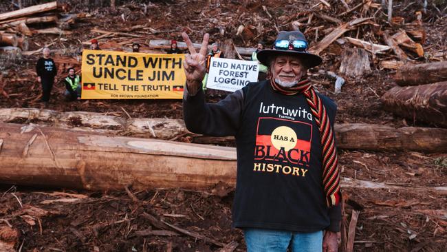 Protesters, including Pakana/Palawa political activist Jim Everett-Puralia Meenamatta, at Central Highlands logging coupe. Picture: Bob Brown Foundation