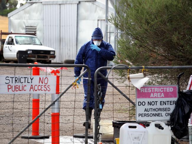 Technicians from The Department of Primary Industry at the site of Golden Duck Farms in Mickleham, Victoria as commercial duck farms in two locations north-west of Melbourne have been quarantined by the DPI, after birds there tested positive to low pathogenic avian influenza.