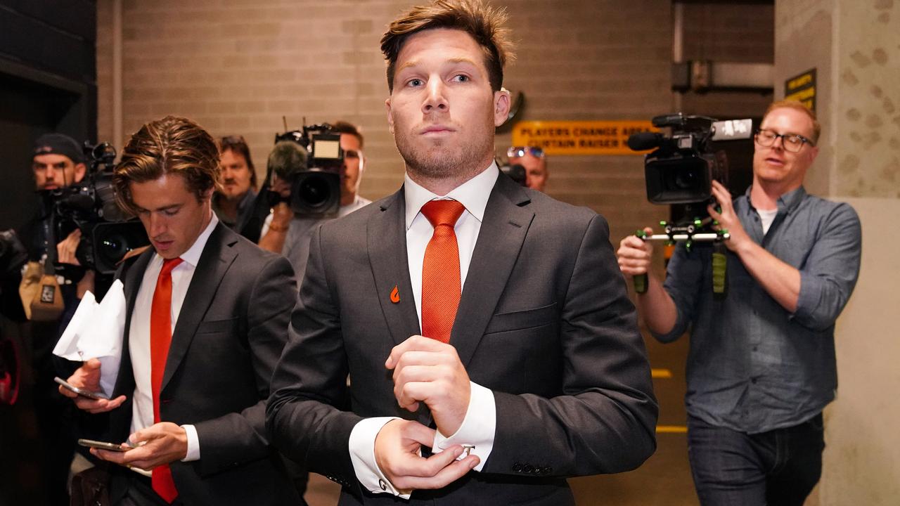 Toby Greene leaves the Tribunal after failing to have his suspension overturned on Tuesday night. (AAP Image/Stefan Postles)