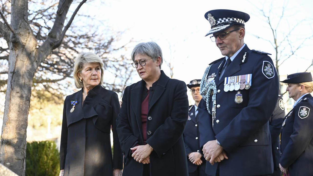 Former Australian foreign affairs minister Julie Bishop, current Foreign Affairs Minister Penny Wong and Australian Federal Police Commissioner Reece Kershaw attended the 10-year anniversary of the downing of MH17. Picture: NewsWire / Martin Ollman