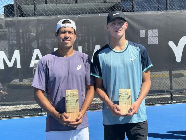 Winner Jason Kubler and runner-up Cruz Hewitt after Sunday's Launceston International win. Picture: Jon Tuxworth