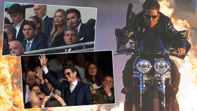 Mission Possible: Tom Cruise is reinventing himself during his stint in England, attending Wembley alongside mate David Beckham and Kate Moss (top left) and on the same weekend heading to the royal box Wimbledon where he saw Australia's Ash Barty take out the women's' singles final. Pictures: AFP/AFP/Supplied