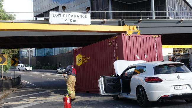 Last week’s accident where a shipping container hit a car after a truck crashed into the Napier St bridge. Picture: Martin Wurt