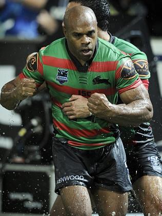  NRL — South Sydney Rabbitohs vs. Brisbane Broncos at NIB Stadium, Perth. PICTURED — Rabbitoh Rhys Wesser celebrates a try. 