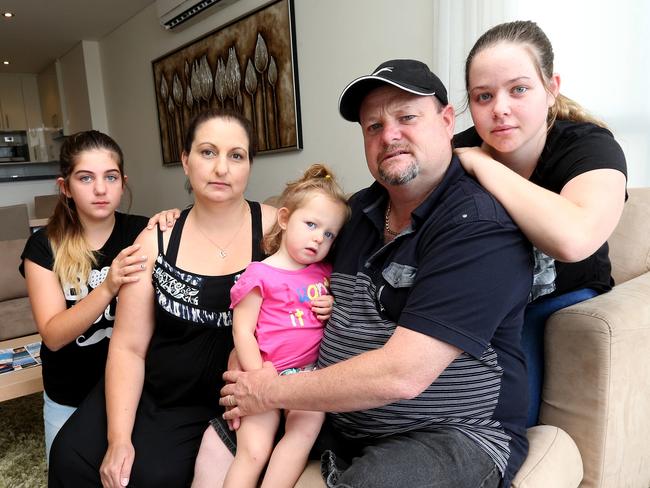 Pictured at their new Gold Coast Hotel after relocating due to their first hotel being in an unlivable condition ,the Ferguson Family from Perth L-R Lucy Ferguson , Rosa Ferguson , Jessie Ferguson , Brad Ferguson and Cassie Ferguson . Picture Mike Batterham