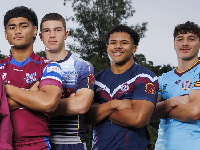 Phil Hall (centre) with Langer Trophy competitors Kena Finau (Mabel Park SHS), Jack Cameron (Redcliffe SHS), Chris Faagutu (Marsden SHS), Tanu Nona (PBC SHS), Karl Oloapu (Wavell SHS), Lewis Symonds (Coombabah SHS), Josiah Pahulu (Ipswich SHS), and Seth Nikotemo (Keebra Park SHS), pictured at Red Hill. Picture Lachie Millard