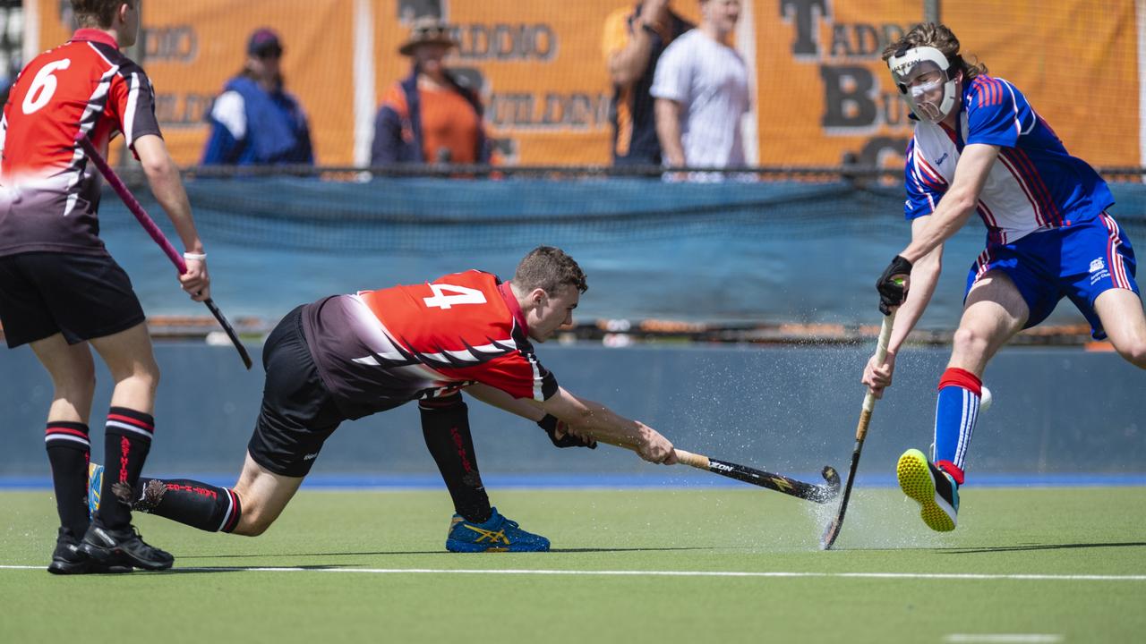 Sam Bullen shoots for Past High against Rangeville in J1 boys grand final hockey at Clyde Park, Saturday, September 10, 2022. Picture: Kevin Farmer