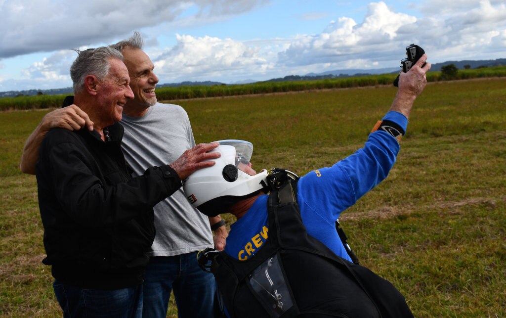 Bob Sherwell, who is about to turn 87, shares his second charity skydive with Pastor Joel Baker, of Flametree Baptist Church.