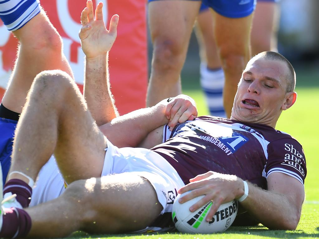 Tom Trbojevic’s second-half hat-trick helped Manly to avoid the biggest upset of the season. (Photo by Albert Perez/Getty Images)