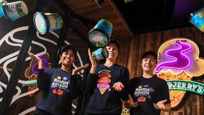 Ben & Jerry's at Burwood Brickworks is offering a free tub of ice cream for every $20 spent at participating food outlets. Durangi, Emily and Annie are ready for action. Picture: Penny Stephens