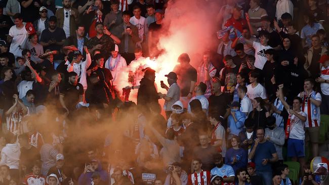 Chaos in the stands during the game. Picture: Getty Images