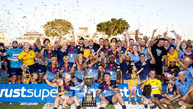 Norths celebrate the Premiership in the Intrust Super Cup Grand Final between Wynnum Manly Seagulls and Norths Devils at Redcliffe Dolphins, Sunday, October 10, 2021 - Picture: Richard Walker