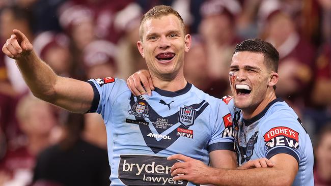 Tom Trbojevic and Nathan Cleary celebrate a successful night out in Townsville with a record win for the Blues. Picture: Mark Kolbe/Getty Images