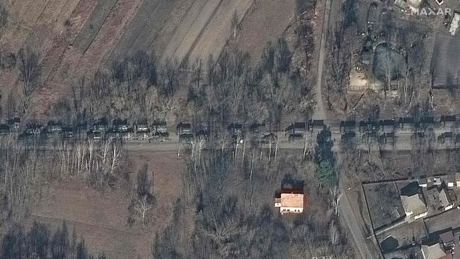 Russian troops and armour in Ivankiv, Ukraine, on Sunday. Picture: Maxar Technologies via AFP