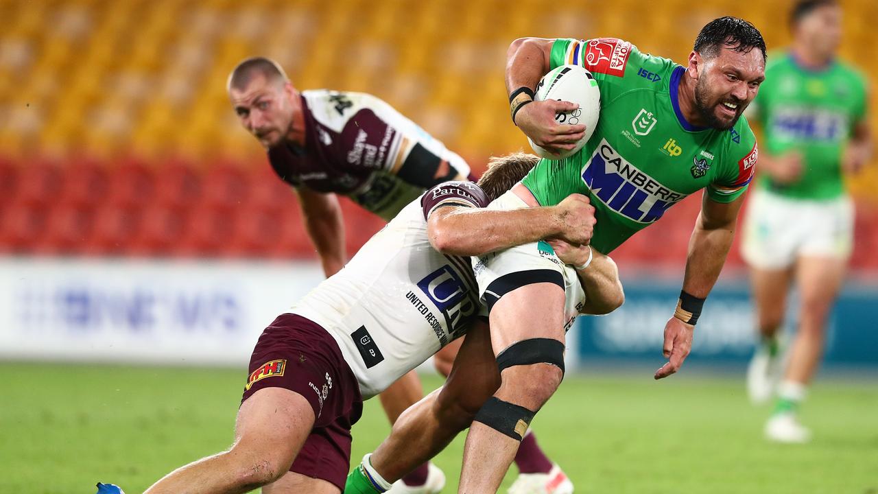 The Raiders decision to take Jordan Rapana off for Charnze Nicholl-Klokstad backfired, as Manly bounced back in the second half. Picture: Getty Images.