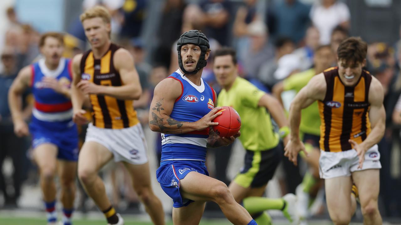 Caleb Daniel’s place in the Dogs’ team has been in doubt and he only came on late in the final pre-season hitout. Picture: Michael Klein