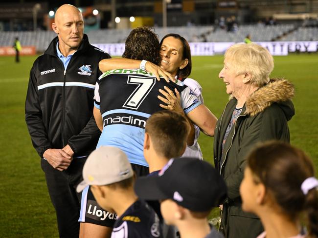 Nicho Hynes hugs Amanda Green after the match. Picture: NRL Photos