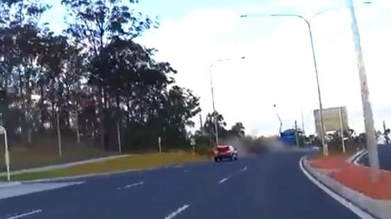 Dashcam footage shows the car smashing into the power pole before speeding off. Picture: Jimmy Szu Hsien Li