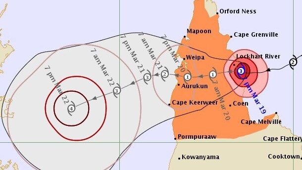 Tropical Cyclone Trevor track map for Bureau of Meteorology, issued at 7.48pm. Picture: Supplied.