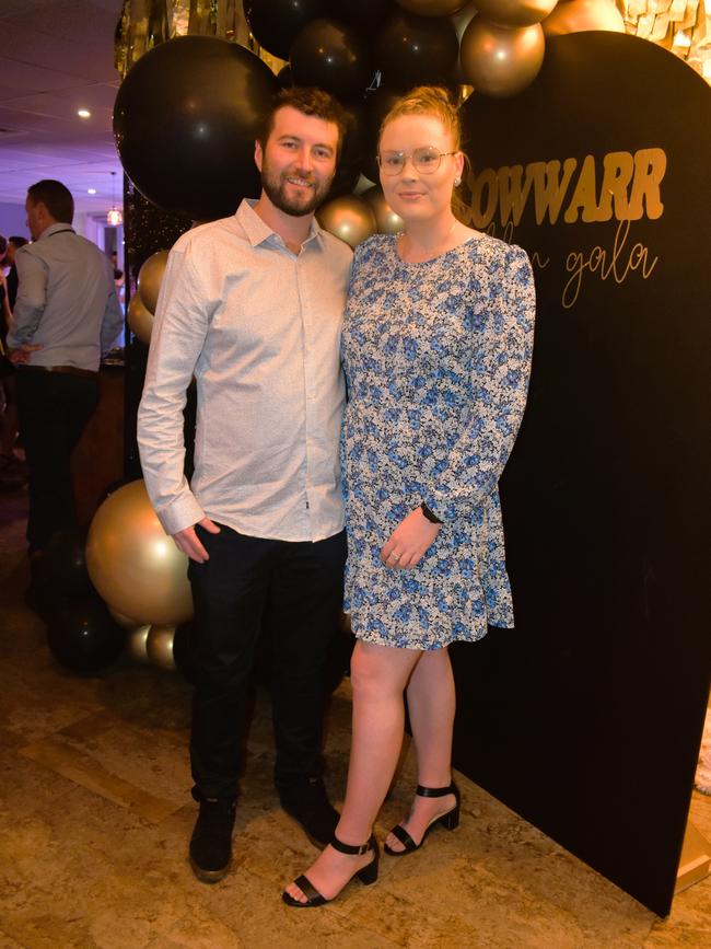 Corey Meers and Melissa Riseley having a great night at the Cowwarr Saints Football &amp; Netball Club Golden Gala Ball 2024. Picture: Jack Colantuono