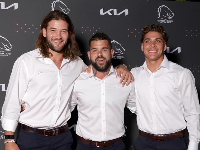 L to R, Patrick Carrigan, Adam Reynolds, Reece Walsh, attend the Brisbane Broncos Season launch, Pandanus Avenue, Pinkenba, on Thursday 15th February 2024 - Photo Steve Pohlner