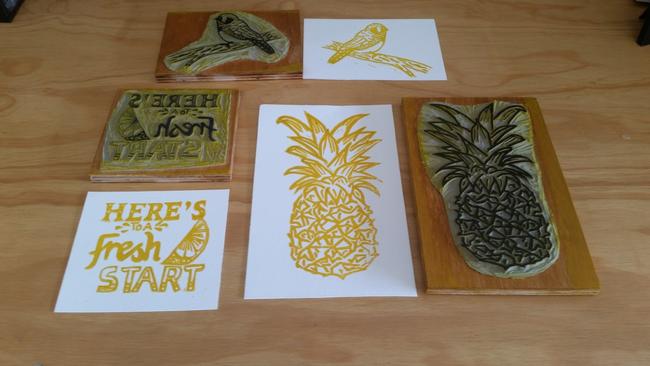 Linoleum carvings produced by Shannue Ongheen. After studying four courses through CQ University she is launching her Gladstone business Imbue Letterpress Printmaking.